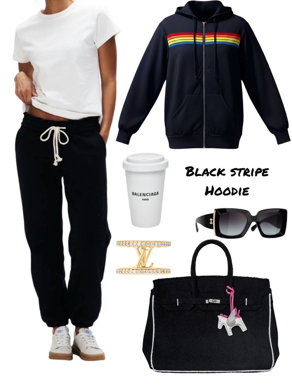 Women's Black Drawstring Aviator Nation Style Striped Hoodie